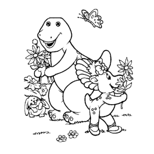Barney en Baby Bop plukken bloemen