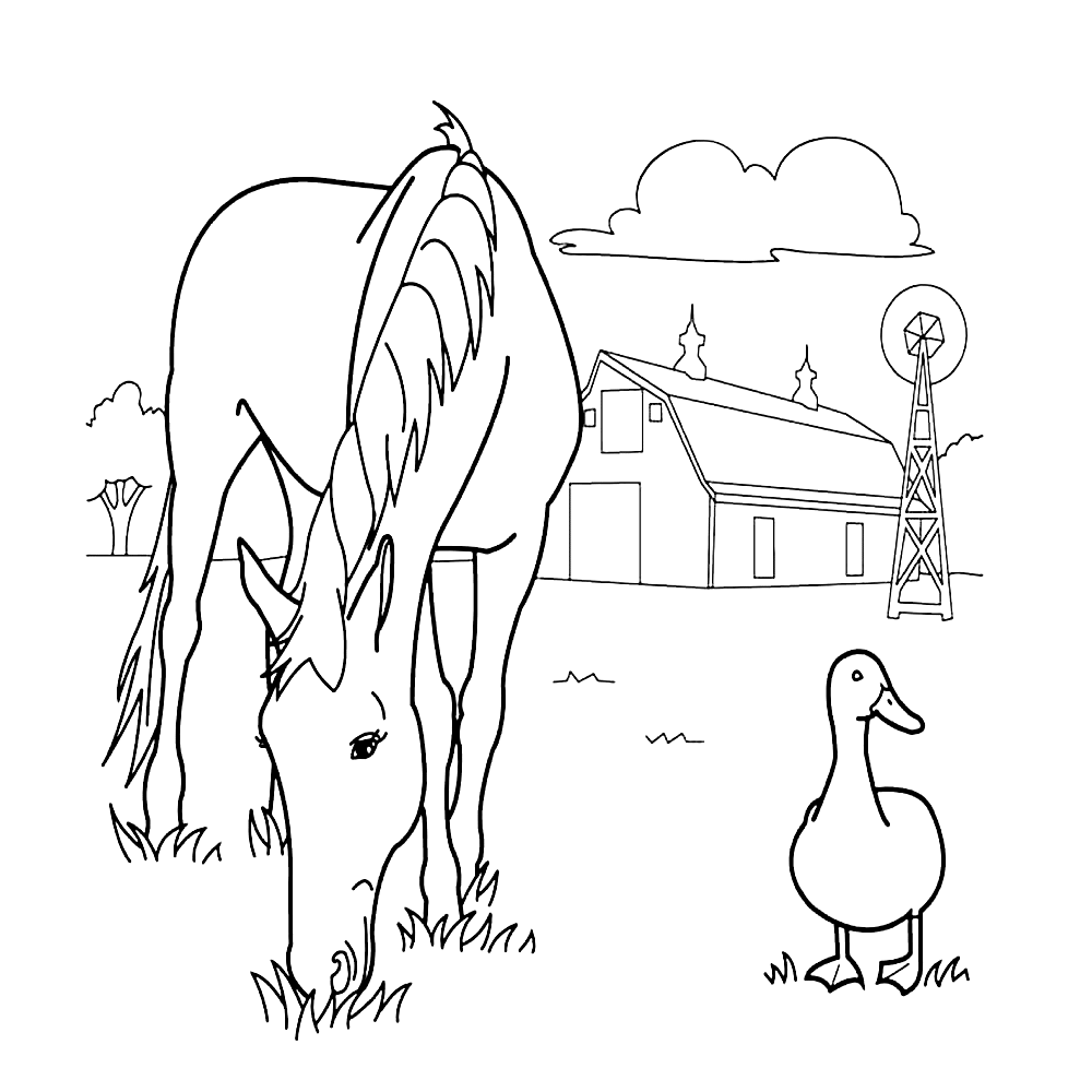 bekijk Een paard en een eend in het gras kleurplaat