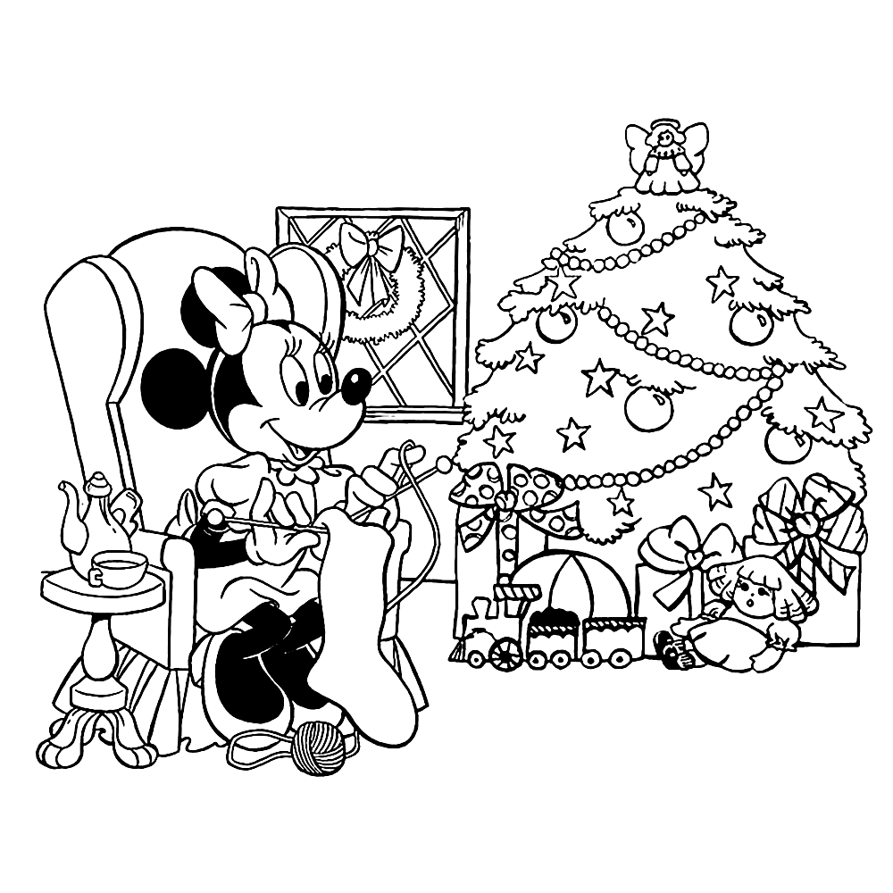 bekijk Minnie bij de versierde kerstboom kleurplaat