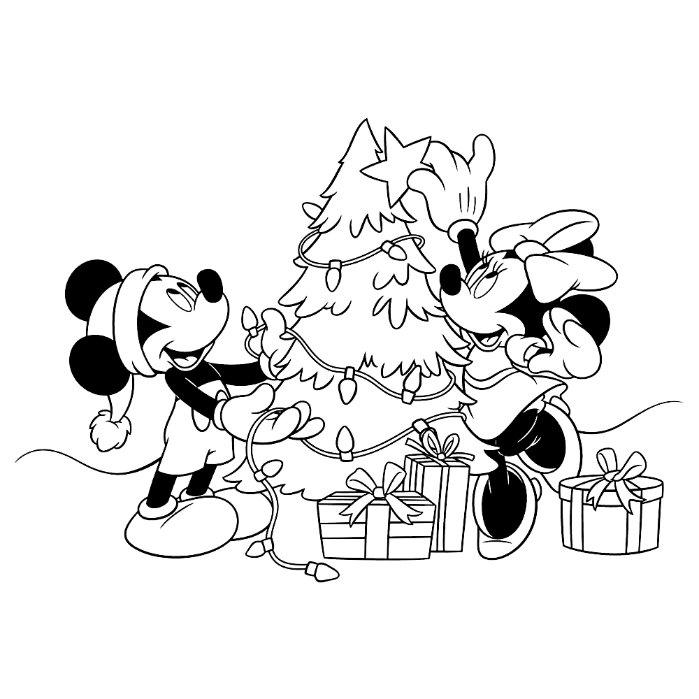 bekijk Minnie en Mickey versieren de kerstboom kleurplaat