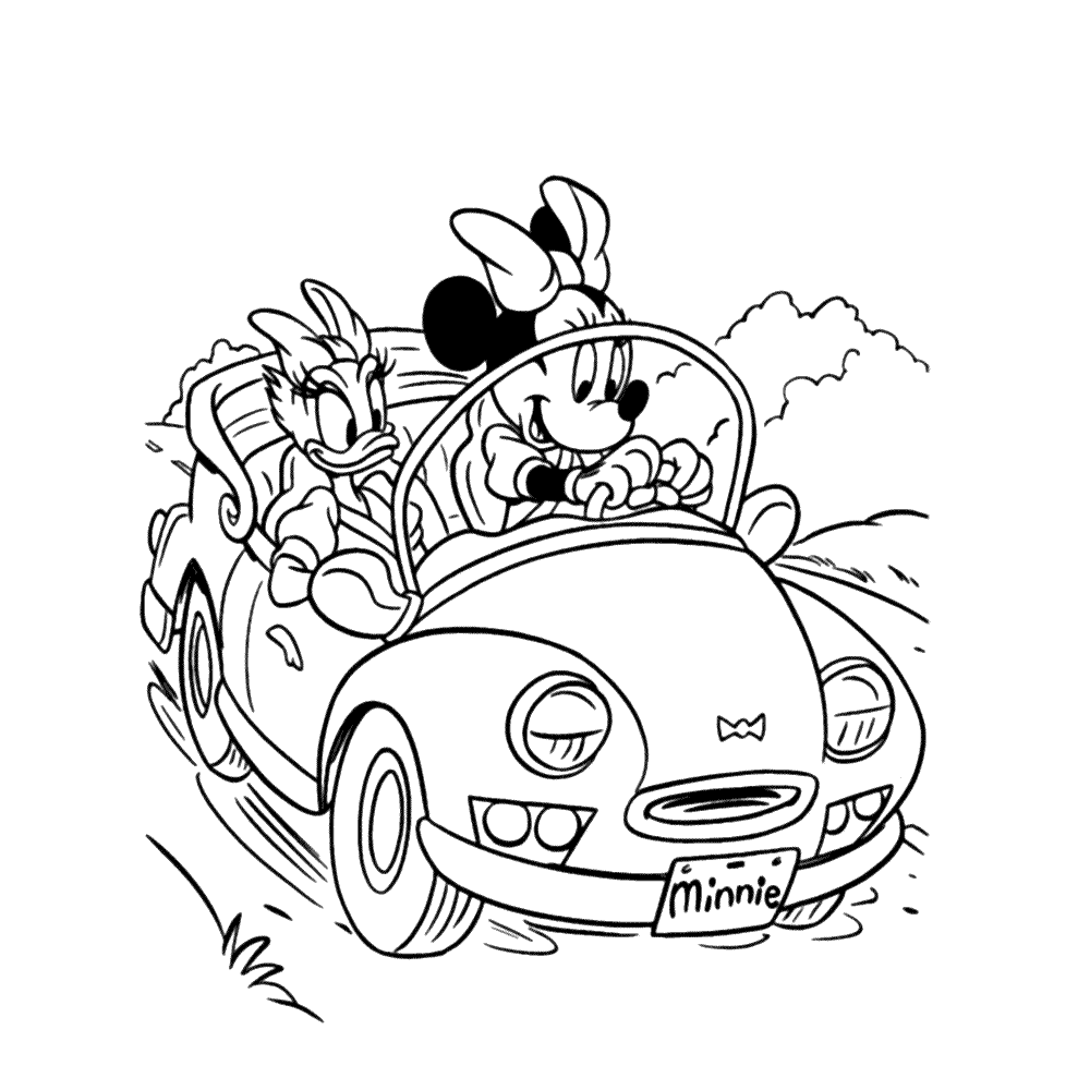 bekijk Minnie en Katrien in de auto kleurplaat