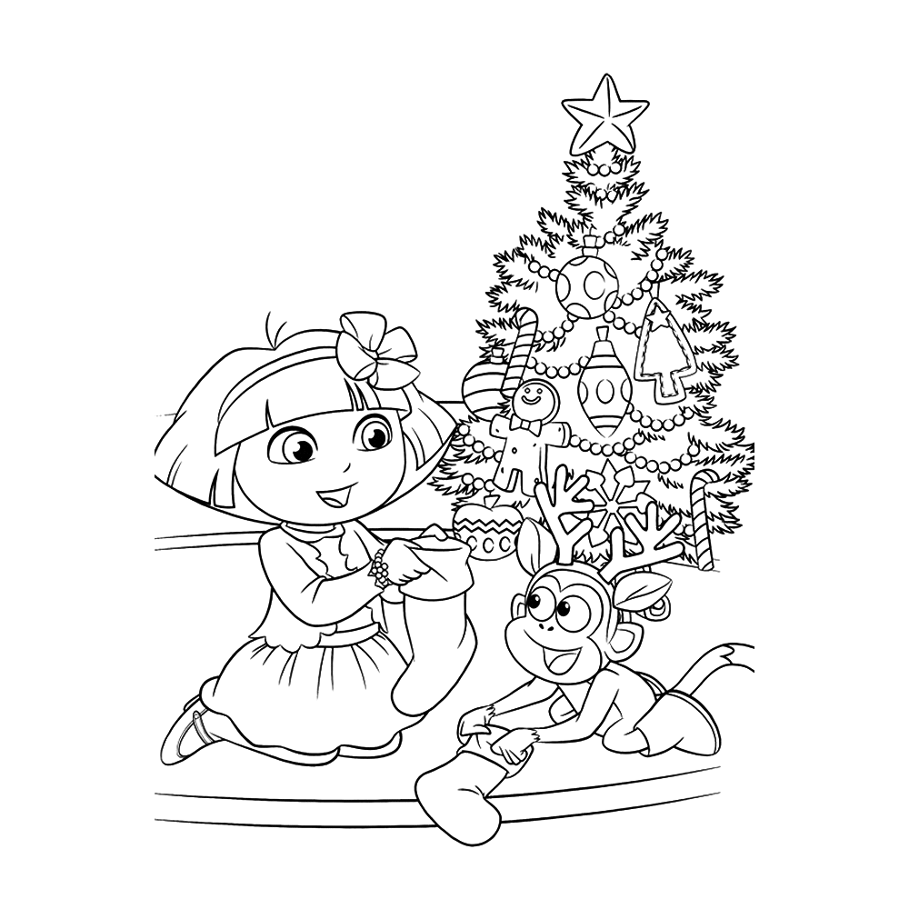bekijk Dora & Boots bij de kerstboom kleurplaat