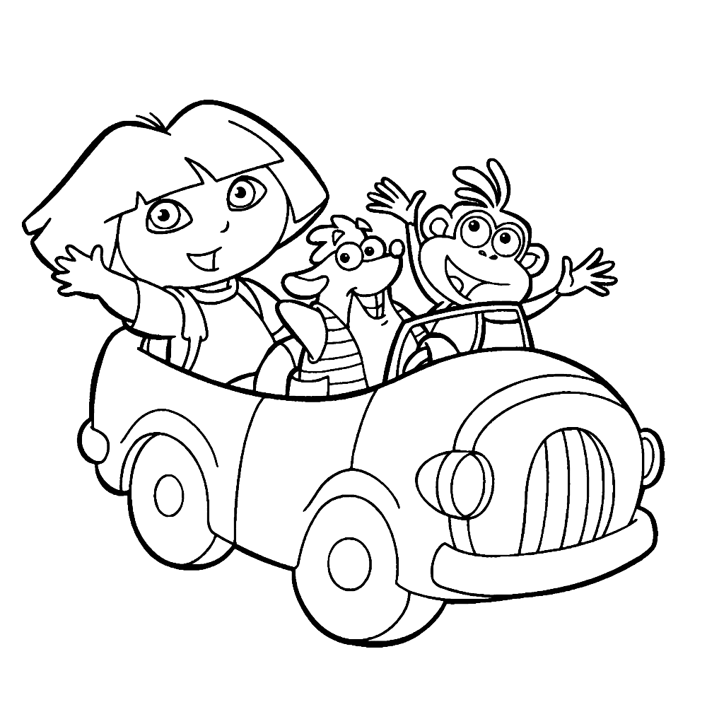 bekijk Dora, Isa & Boots in de auto kleurplaat