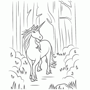 A unicorn walks in the forest