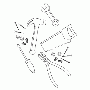 Spijkers, schroevendraaier, hamer, kniptang en zaag