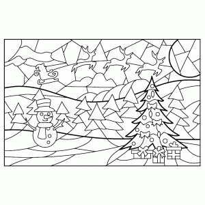 Winterlandschap met kerstboom en sneeuwman
