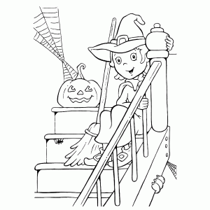 Cute little witch sitting on the stairs