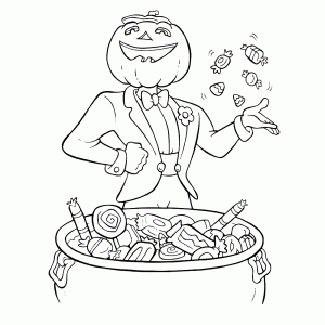 Pumpkin man giving candy