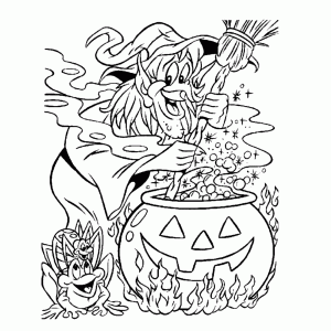 A witch and her pumpkin cauldron