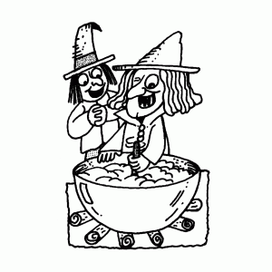 Two grinning witches with their cauldron