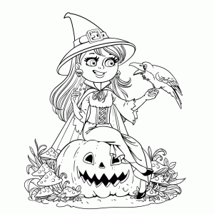 Een vriendelijke kleine heks met haar raaf op een pompoen