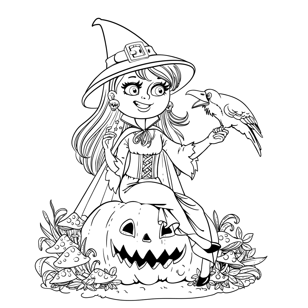bekijk Een vriendelijke kleine heks met haar raaf op een pompoen kleurplaat