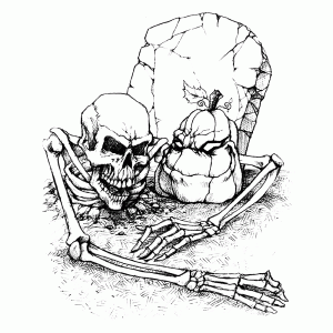 Een skelet klimt uit een graf