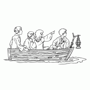 Hermione, Ron and Harry in a boat