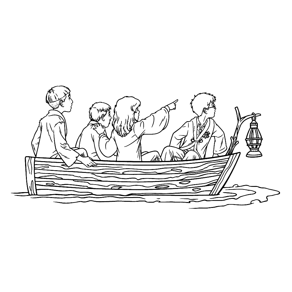 bekijk Hermelien, Ron en Harry in een bootje kleurplaat
