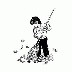 De jongen harkt het dode blad bij elkaar