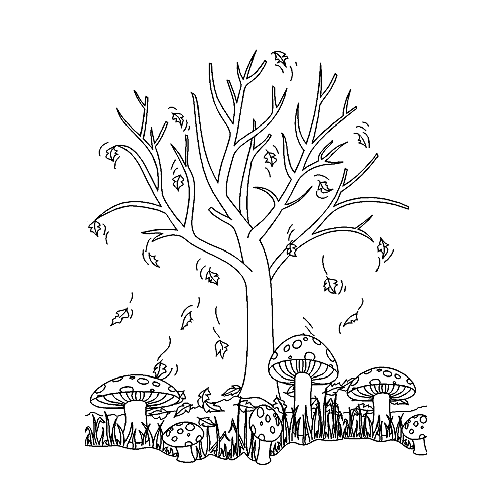 bekijk Een kale boom met paddestoelen op de grond kleurplaat