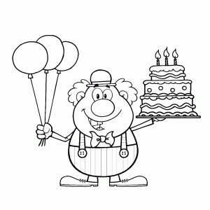 Een clown met ballonnen en taart