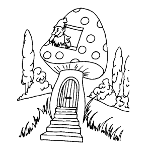 A gnome looks out the window of his mushroom house