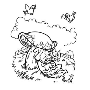 A kobold is sleeping underneath a mushroom