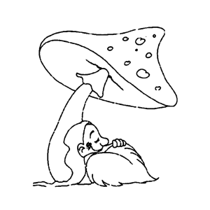 This gnome is sleeping under a mushroom