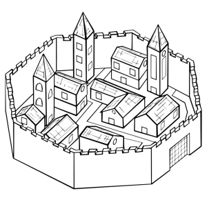 Een kasteel met een hoge muur