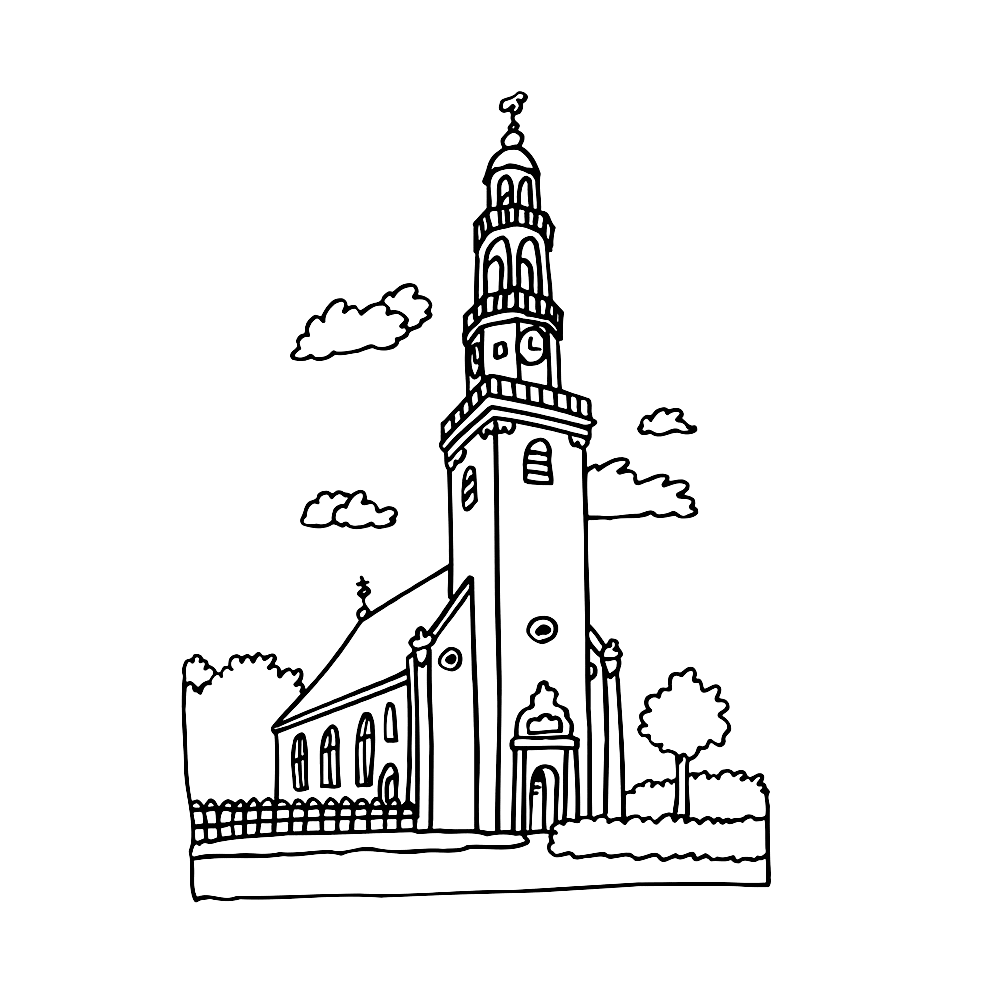bekijk kerk met hoge toren kleurplaat