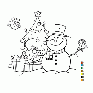 Kleuren op nummer   een sneeuwman bij een kerstboom