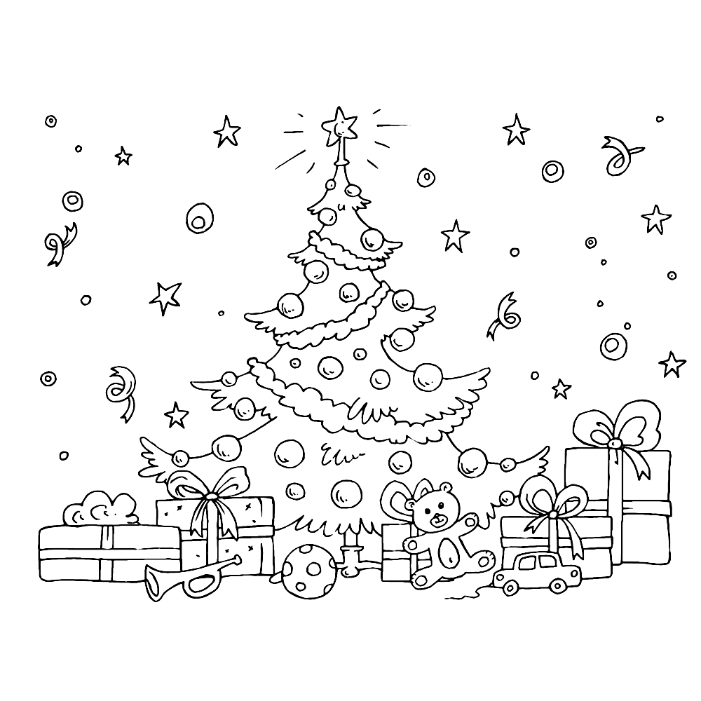 bekijk Mooie kerstboom met cadeautjes kleurplaat