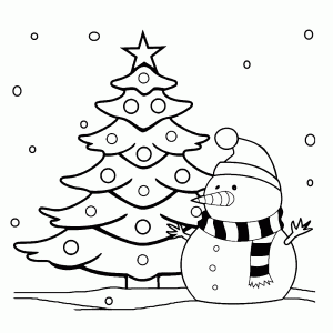 Sneeuwman bij een kerstboom