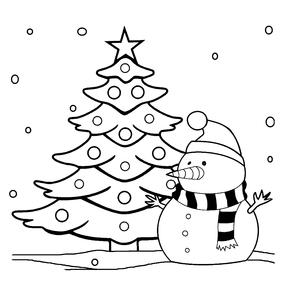 bekijk Sneeuwman bij een kerstboom kleurplaat