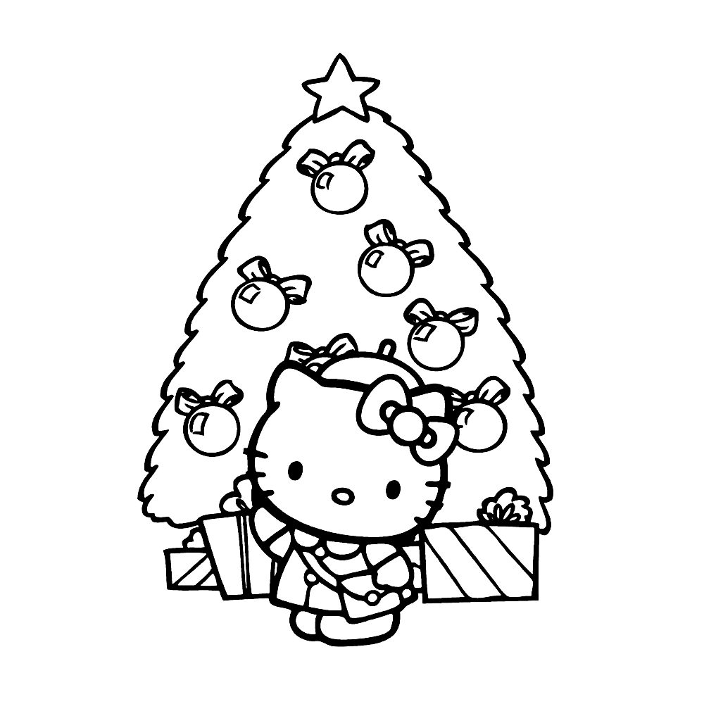 bekijk Hello Kitty voor de kerstboom kleurplaat