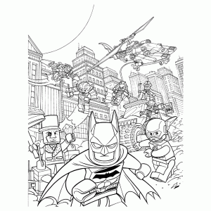 Batman en andere superhelden in gevechte in de straten van Gotham