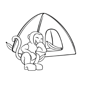 Een lachend aapje voor een tent
