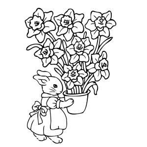 Mother rabbit with a bowl of flowers