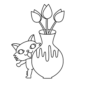 A cute kitten behind a vase of flowers