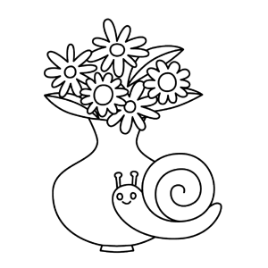 Flowers on a vase. A snail is in the front