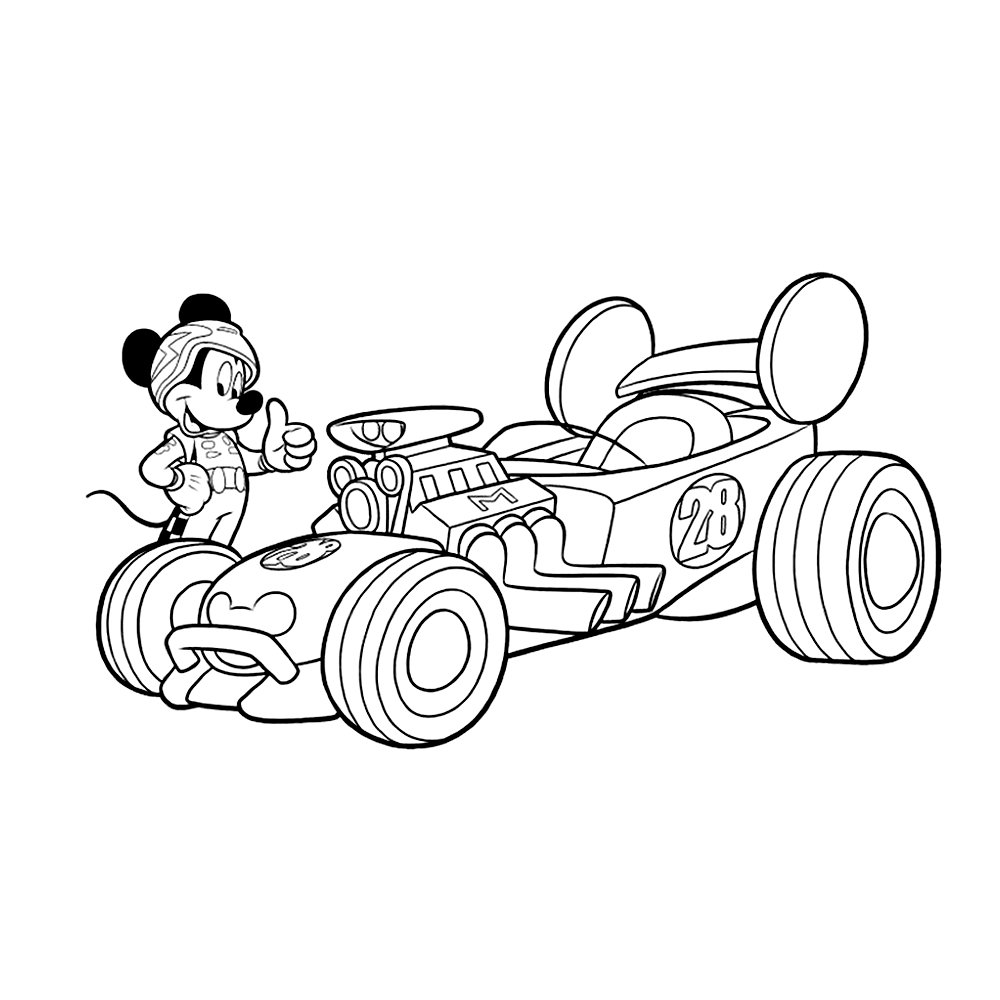 bekijk Mickey met zijn racewagen kleurplaat