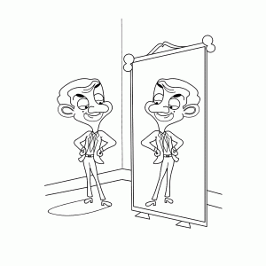 Mr Bean bekijkt zichzelf in de spiegel