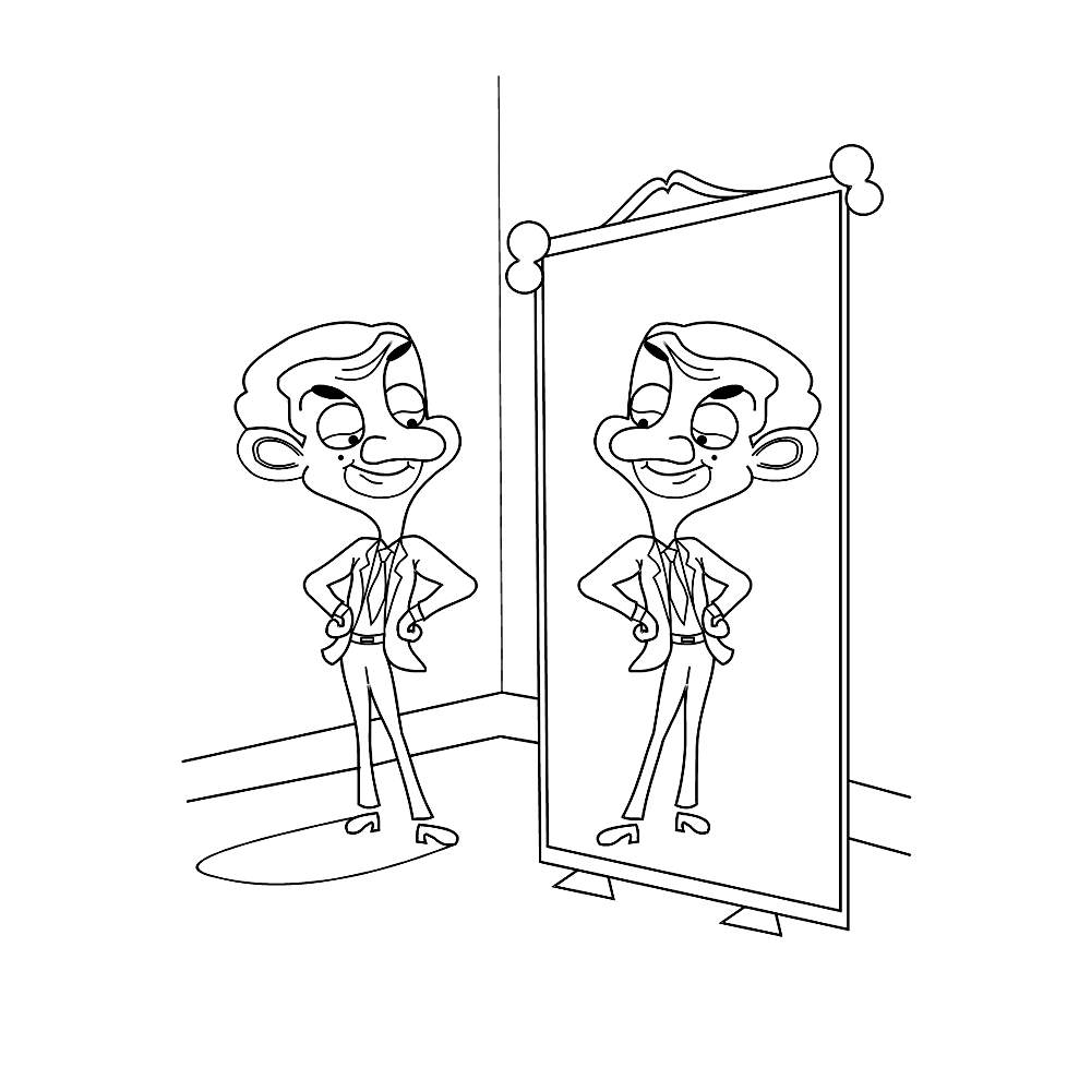 bekijk Mr Bean bekijkt zichzelf in de spiegel kleurplaat