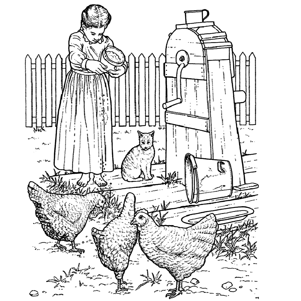 bekijk op de boerderij: boerin voert de kippen kleurplaat