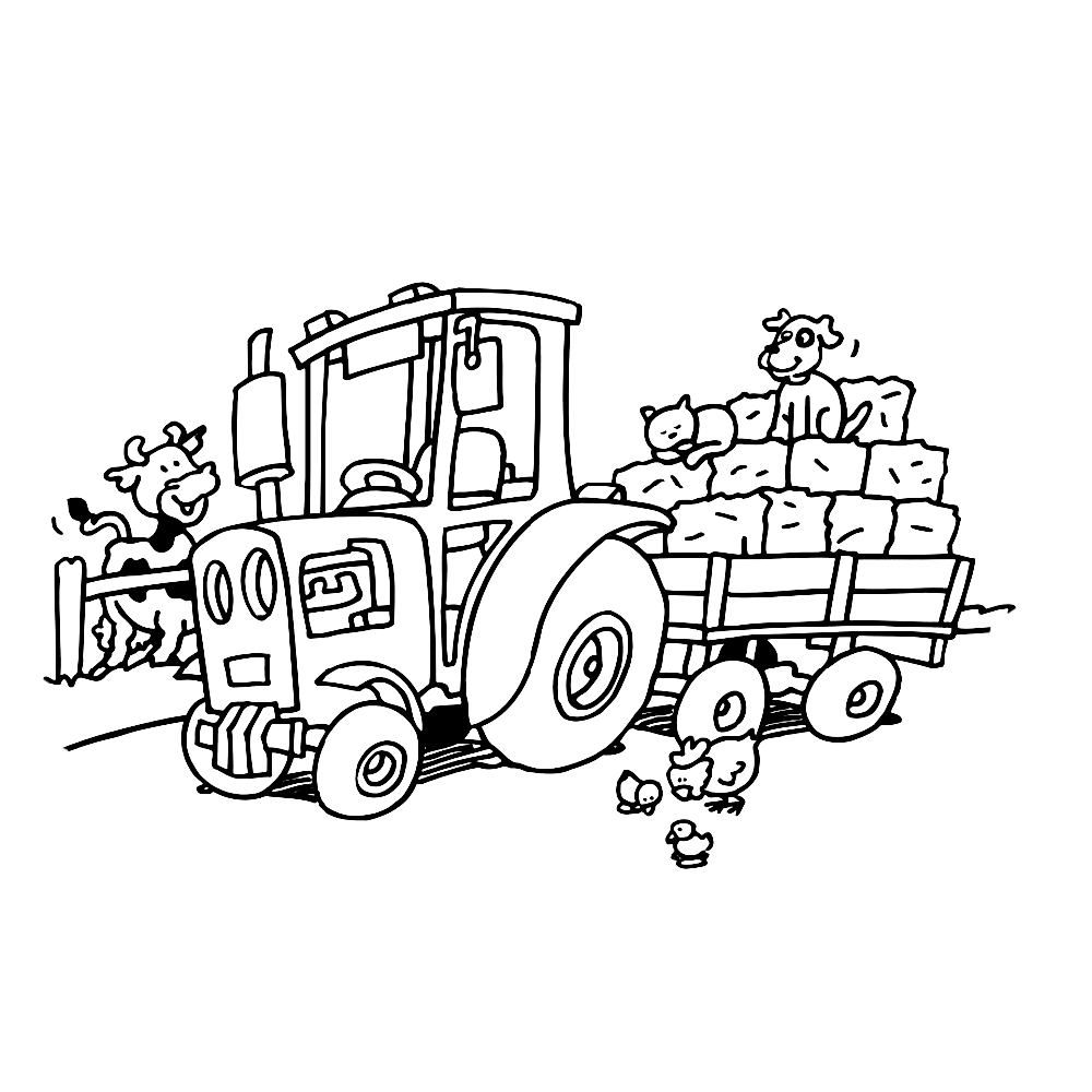 bekijk De tractor haalt het hooi van het land kleurplaat