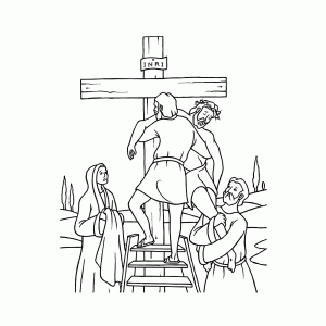 Jezus' lichaam wordt van het kruis gehaald