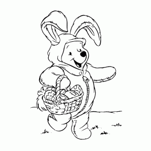 Winnie the Pooh is dressed up as the Easter Bunny