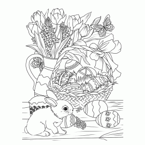 Paaseieren, tulpen en een konijntje