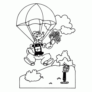 Popeye landt aan een parachute
