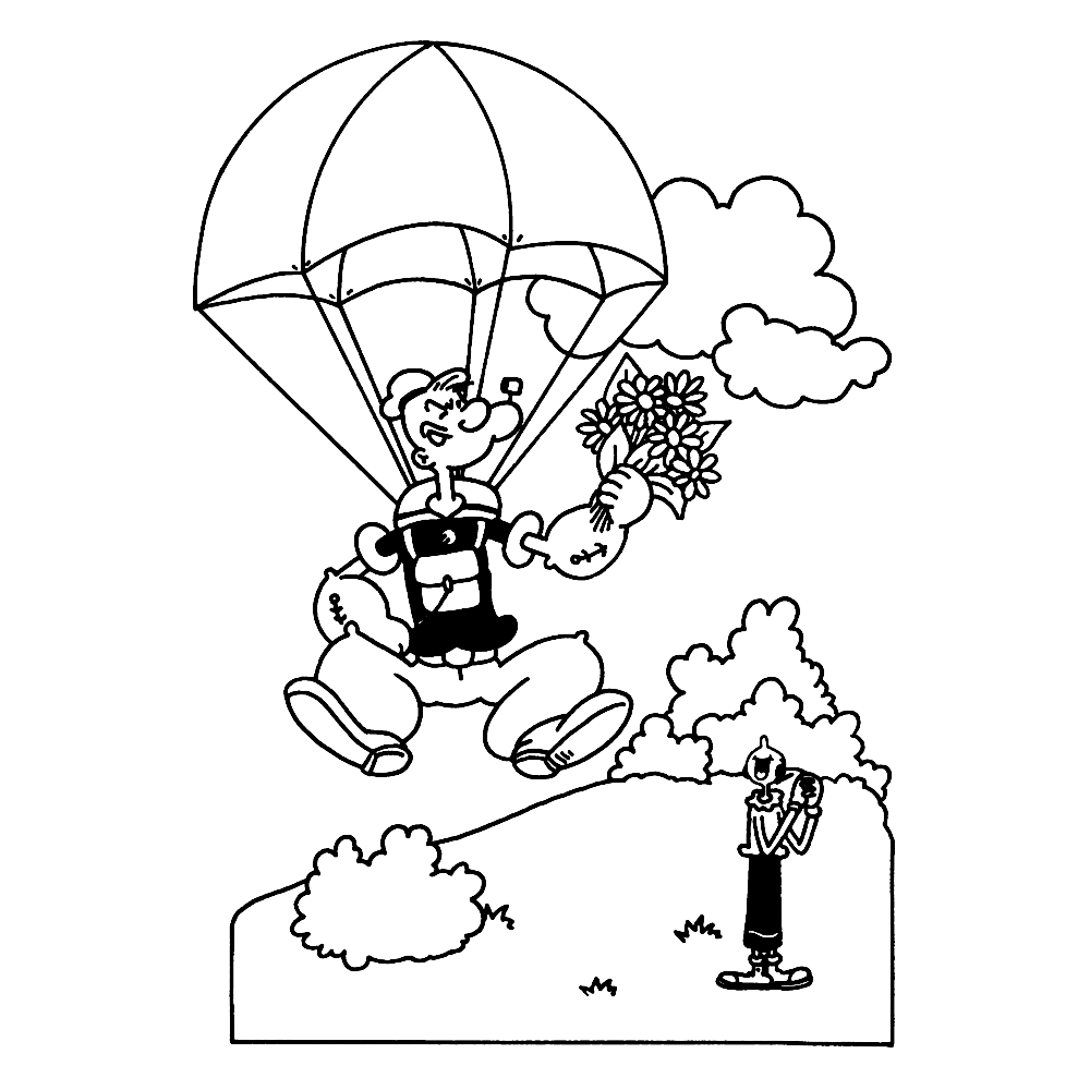 bekijk Popeye landt aan een parachute kleurplaat