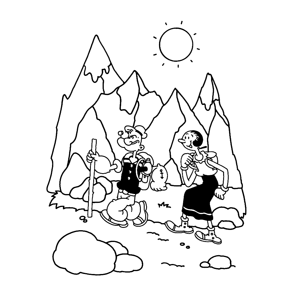 bekijk Popeye & Olijfje wandelen in de bergen kleurplaat