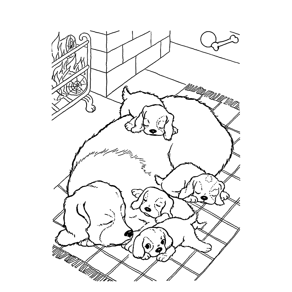 bekijk Puppies slapen bij hun moeder kleurplaat