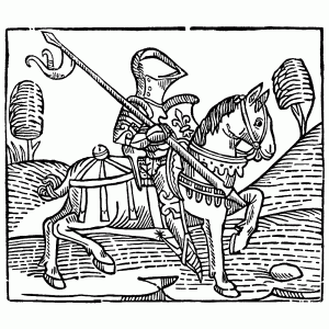 Gravure van een ridder met een hellebaard te paard